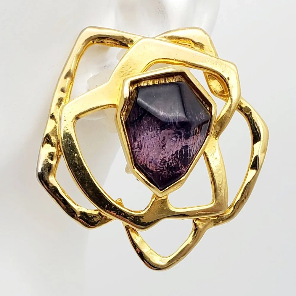 Huge‎ Clip On Earrings Gold Tone Amethyst Purple Acrylic Stone Runway Modernist